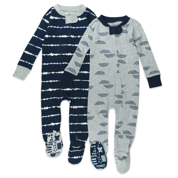 2-Pack Organic Cotton Snug-Fit Footed Pajamas, Shibori Stripe Navy