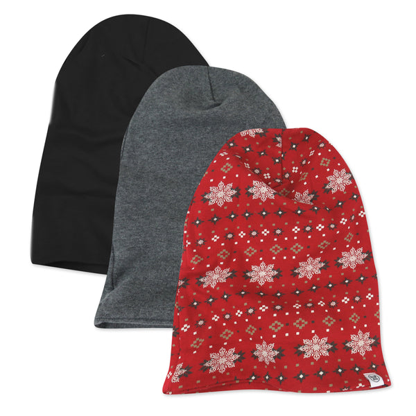 3-Pack Organic Cotton Reversible Holiday Beanie Hats, Fair Isle Red