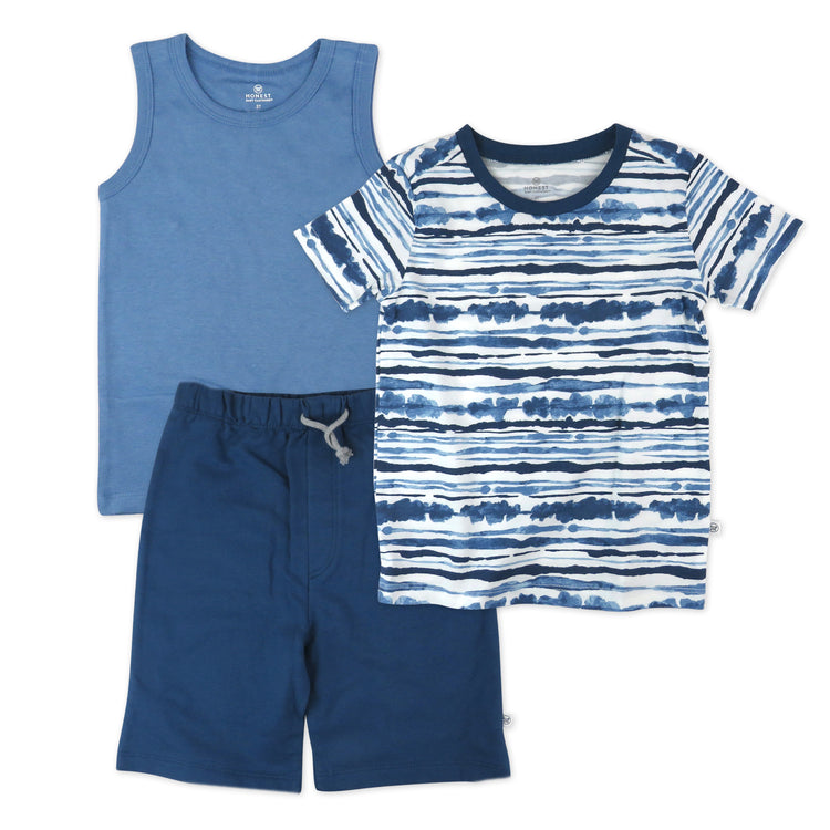 Toddler 3-Piece Short Sleeve T-Shirt, Muscle T and Board Short Set, Indigo Stripe