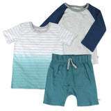 3-Piece Organic Cotton Baseball T-Shirt, Short Sleeve T-Shirt and Board Shorts, Gray Heather Stripe Dip Dye