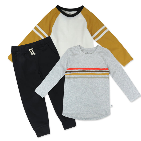 Toddler 3-Piece Organic Cotton Henley, Long Sleeve T-Shirt and Sweatpant Set, Rainbow Geo White