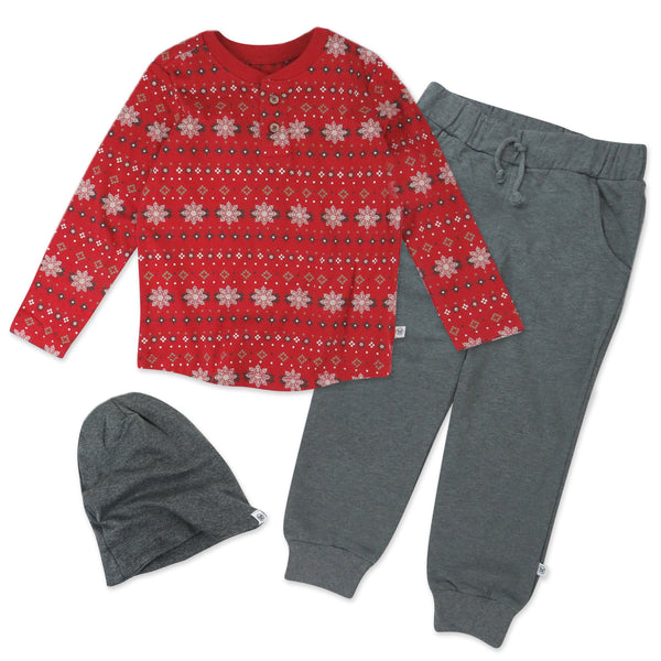 Toddler 3-Piece Organic Cotton Holiday Henley, Sweatpant, Beanie Set, Fair Isle Red