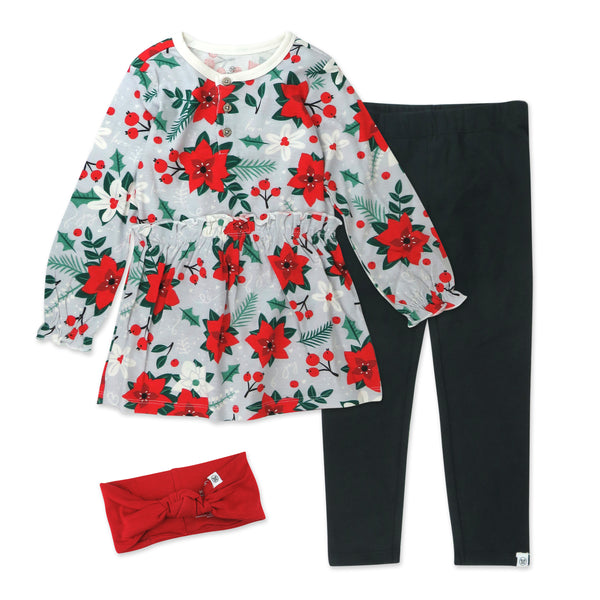Toddler 3-Piece Organic Cotton Holiday Tunic, Legging and Headband Set, Holiday Gray Floral