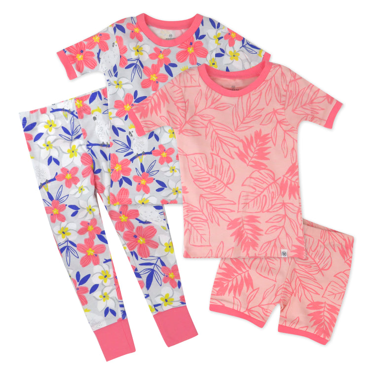4-Piece Short Sleeve, Short and Long Leg PJ Set, Palm Leaves Pink Coral